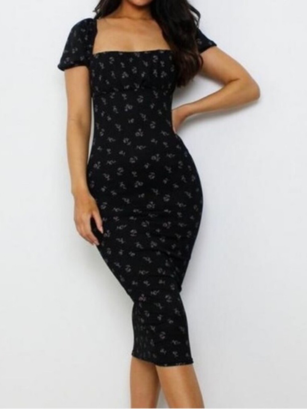 Missguided Black Floral Square-Neck Midi Dress